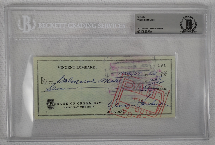 Vince Lombardi Signed 1963 Personal Check #191 BGS Authentic 