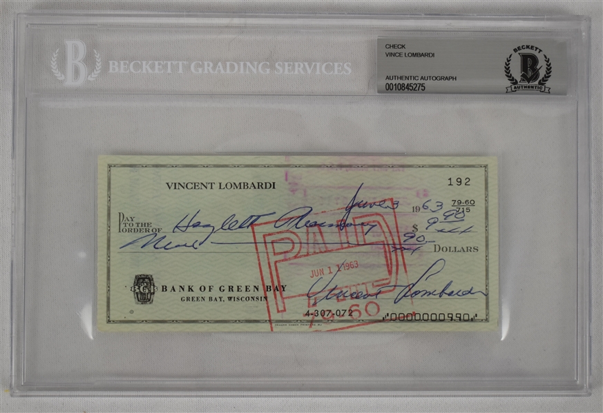 Vince Lombardi Signed 1963 Personal Check #192 BGS Authentic 