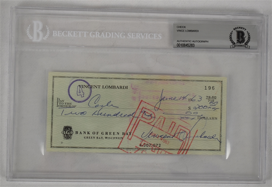 Vince Lombardi Signed 1963 Personal Check #196 BGS Authentic 