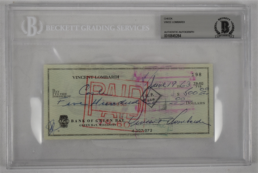 Vince Lombardi Signed 1963 Personal Check #198 BGS Authentic 