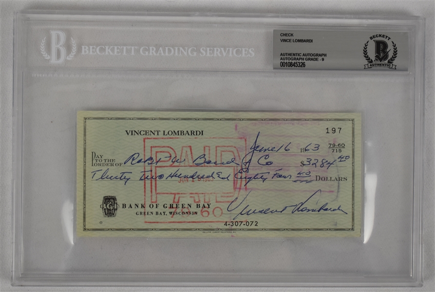 Vince Lombardi Signed 1963 Personal Check #197 BGS Authentic 