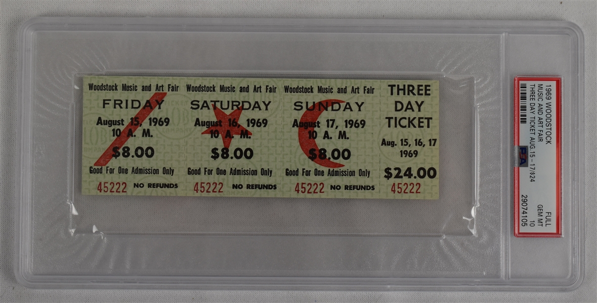 1969 Woodstock Full Ticket Three Day Ticket Music And Art Fair PSA 10 GEM 