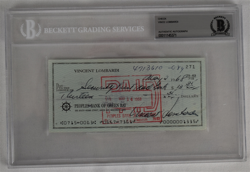 Vince Lombardi Signed 1968 Personal Check #271 BGS Authentic 