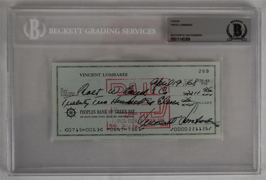 Vince Lombardi Signed 1968 Personal Check #269 BGS Authentic 