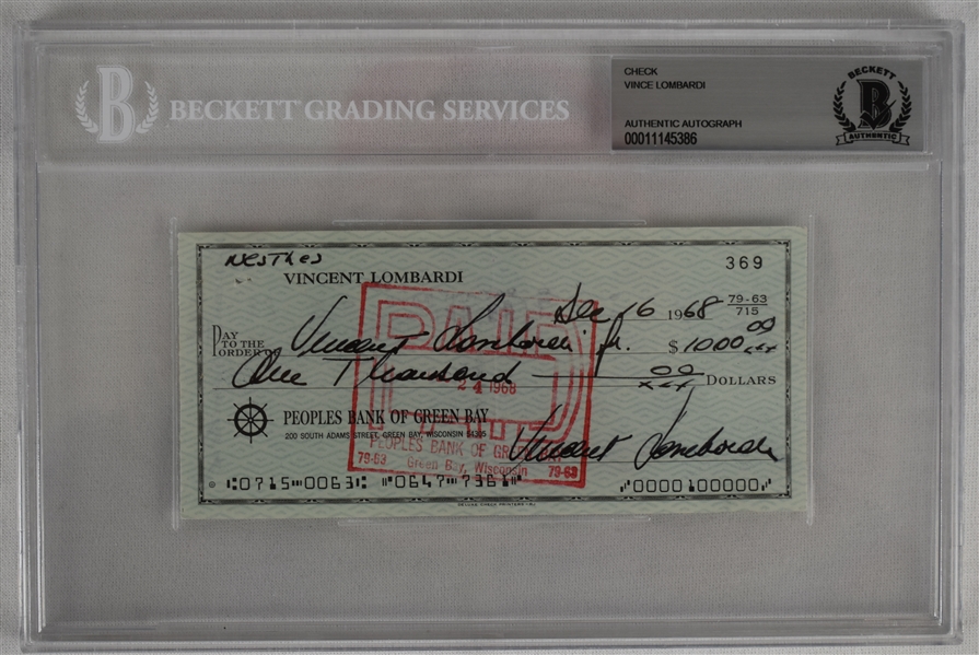 Vince Lombardi Signed 1968 Personal Check #369 BGS Authentic *Twice Signed Vince Lombardi*
