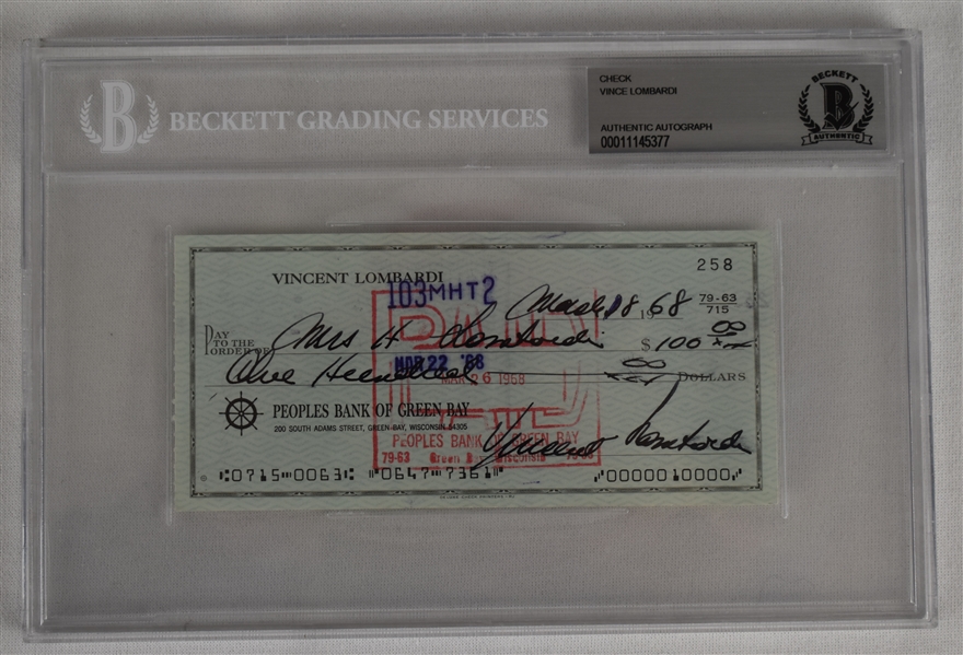 Vince Lombardi Signed 1968 Personal Check #258 BGS Authentic *Twice Signed Lombardi*