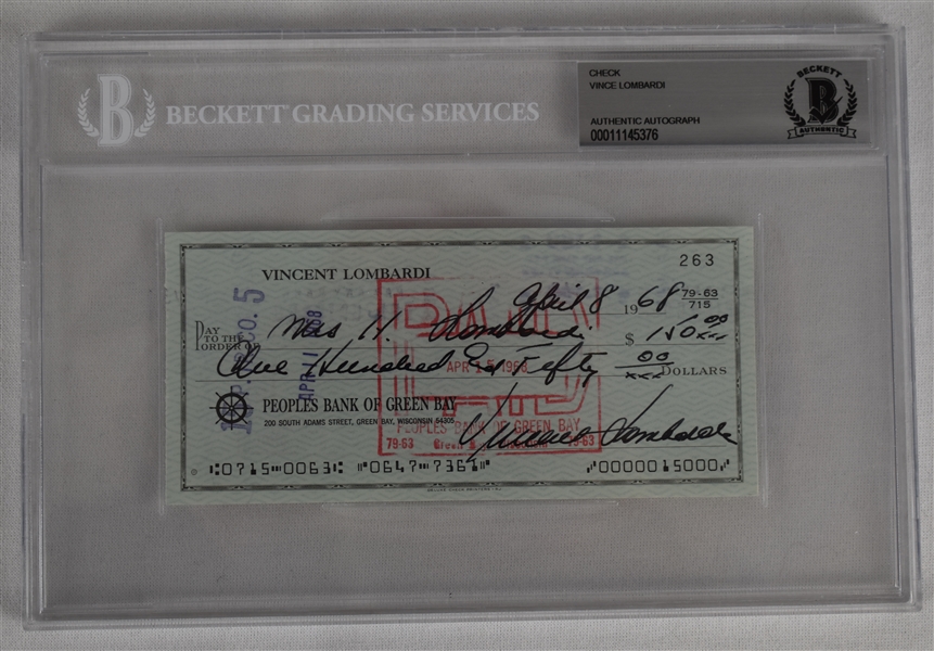 Vince Lombardi Signed 1968 Personal Check #263 BGS Authentic *Twice Signed Lombardi*