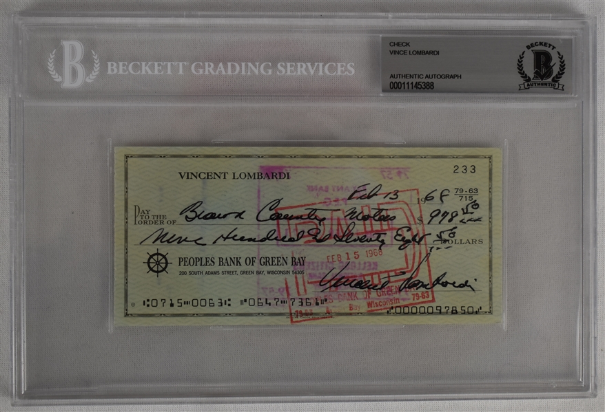 Vince Lombardi Signed 1968 Personal Check #233 BGS Authentic 