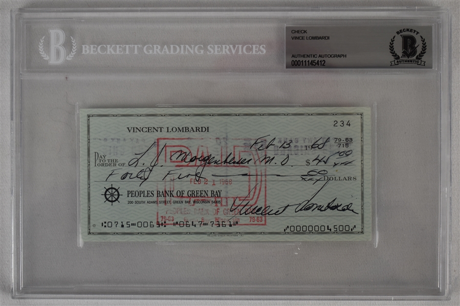 Vince Lombardi Signed 1968 Personal Check #234 BGS Authentic 