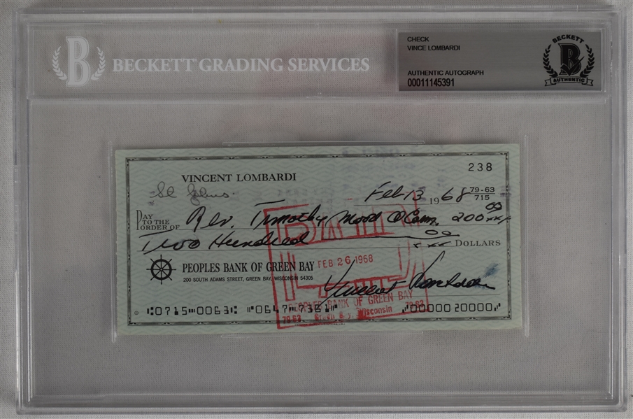 Vince Lombardi Signed 1968 Personal Check #238 BGS Authentic 