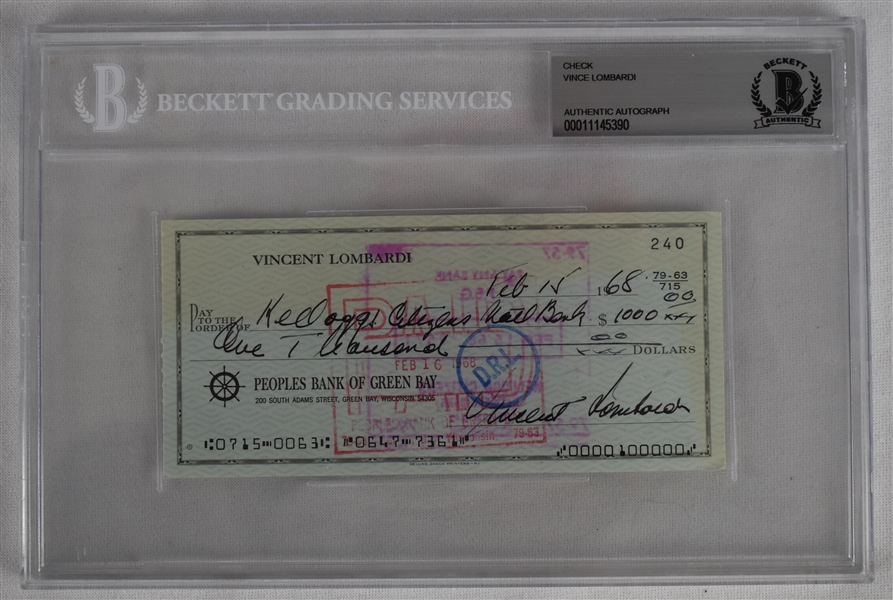 Vince Lombardi Signed 1968 Personal Check #240 BGS Authentic 