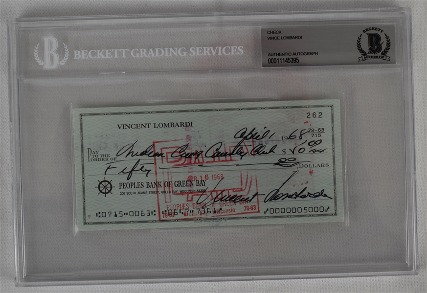 Vince Lombardi Signed 1968 Personal Check #262 BGS Authentic 