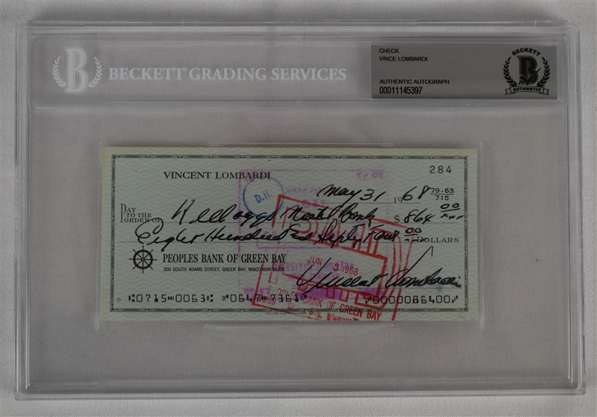 Vince Lombardi Signed 1968 Personal Check #284 BGS Authentic 