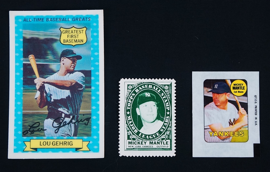 Lou Gehrig 1972 Xographs Mickey Mantle 1961 Topps Stamp & 1969 Topps Decal Cards