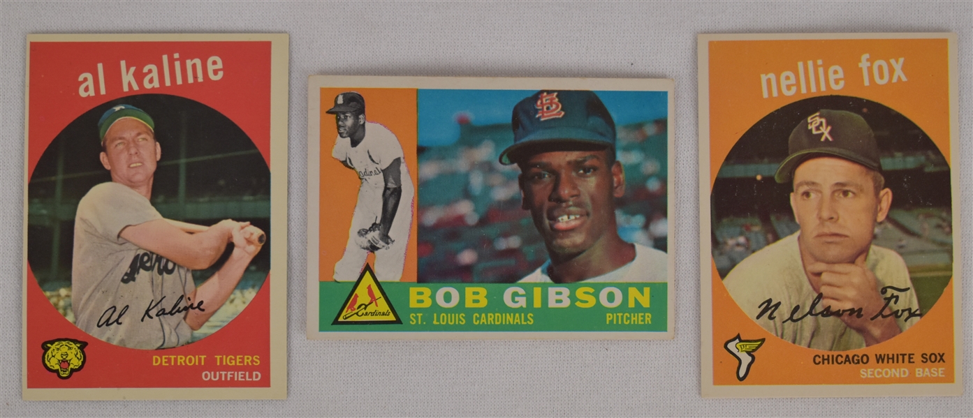 Collection of 3 Vintage 1959 Topps Cards w/Al Kaline & Bob Gibson