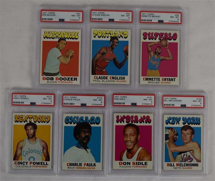 Collection of 7 Vintage 1971 Topps Basketball Cards PSA 8 NM-MT w/Bob Boozer