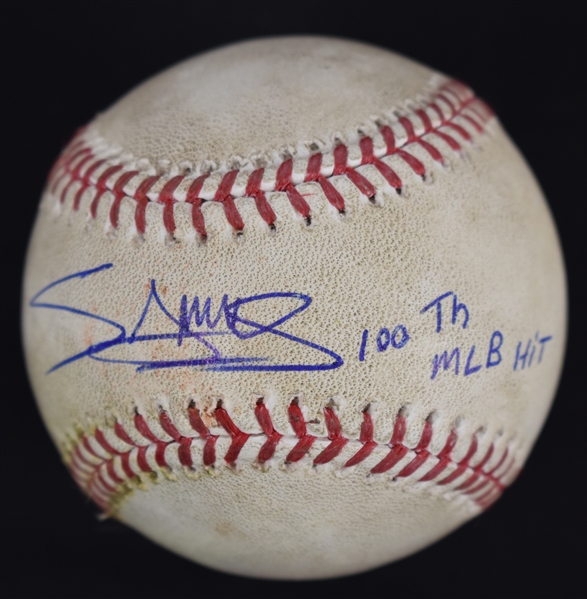 Miguel Sano Game Used & Autographed 100th ML Hit Baseball