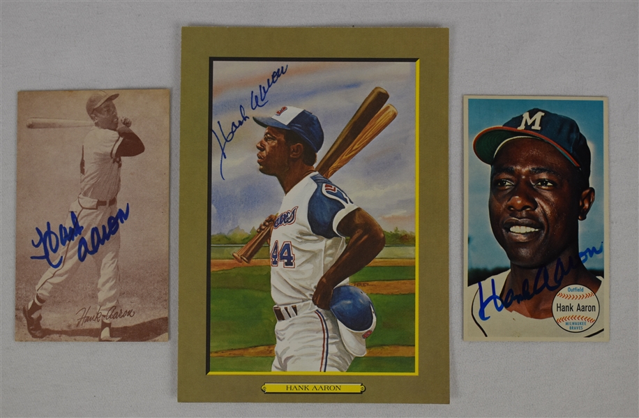 Hank Aaron Lot of 3 Autographed Cards & Perez-Steele Great Moments