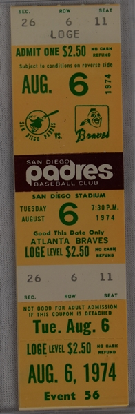 Hank Aaron Home Run Ticket HR #727 and #728 August 6 1974