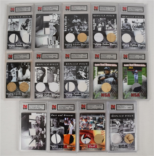 Collection of 14 NSA Game Used Jersey & Bat Cards