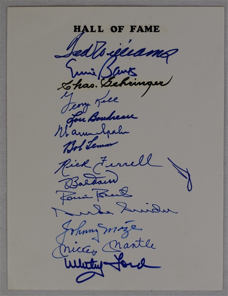 Mickey Mantle Ted Williams & Legends Autographed Sheet