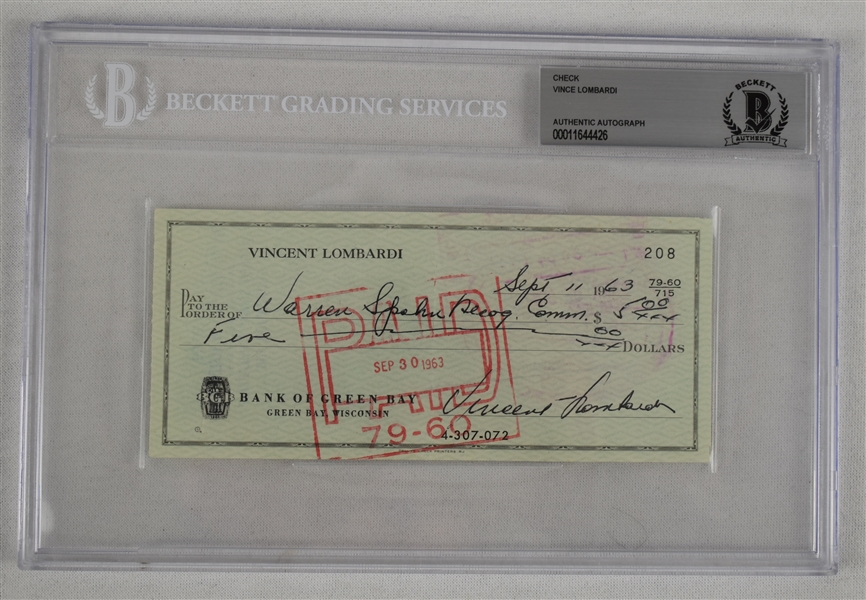 Vince Lombardi Signed 1963 Personal Check #208 BGS Authentic 