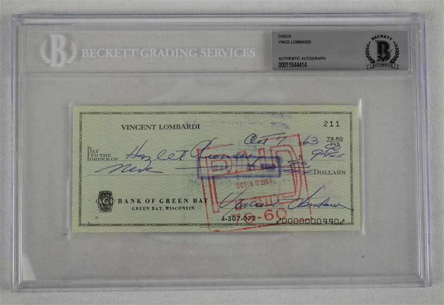 Vince Lombardi Signed 1963 Personal Check #211 BGS Authentic 