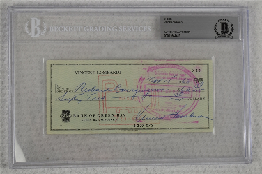Vince Lombardi Signed 1963 Personal Check #215 BGS Authentic 