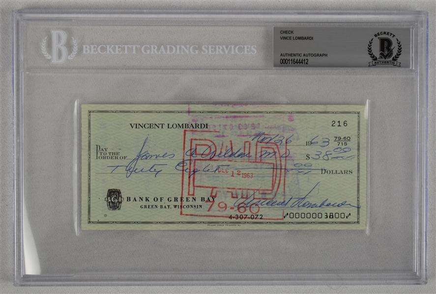 Vince Lombardi Signed 1963 Personal Check #216 BGS Authentic 