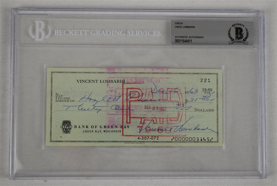Vince Lombardi Signed 1963 Personal Check #221 BGS Authentic 