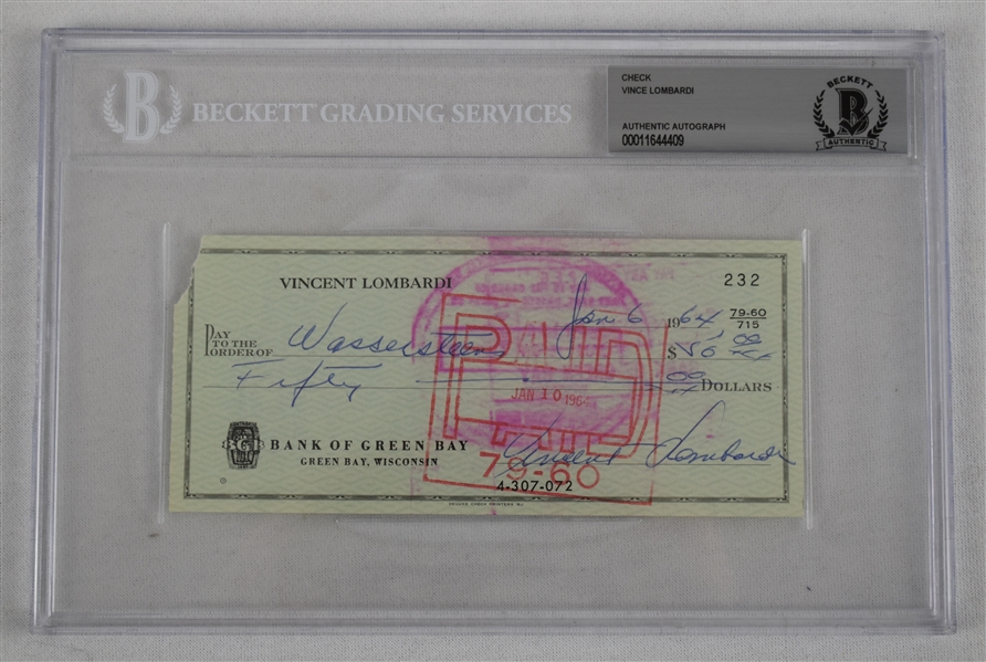Vince Lombardi Signed 1964 Personal Check #232 BGS Authentic 