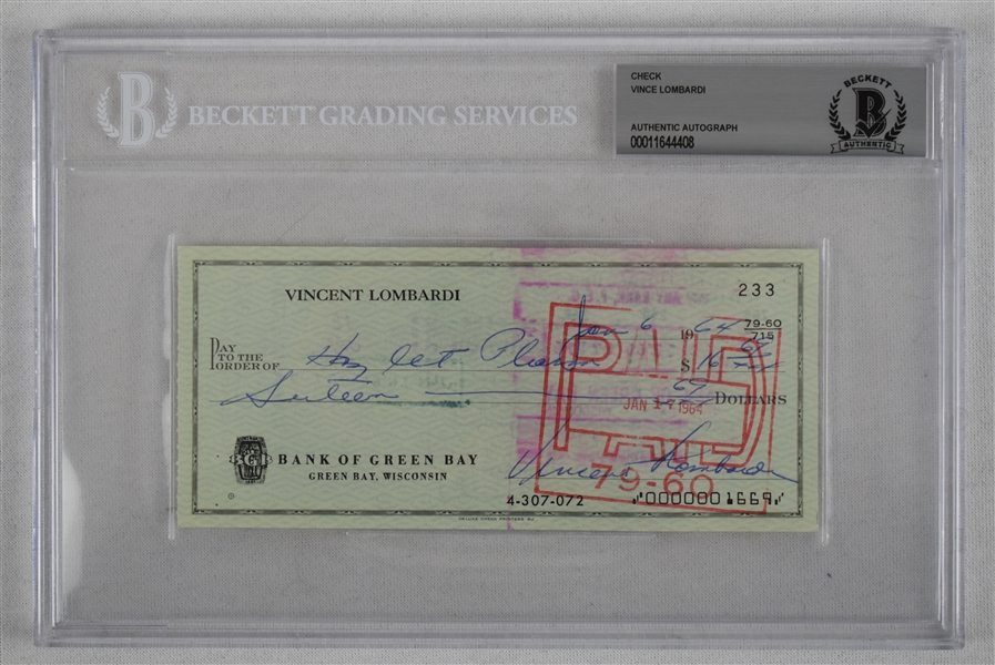 Vince Lombardi Signed 1964 Personal Check #233 BGS Authentic 