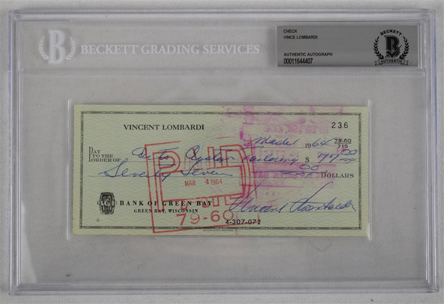 Vince Lombardi Signed 1964 Personal Check #236 BGS Authentic 