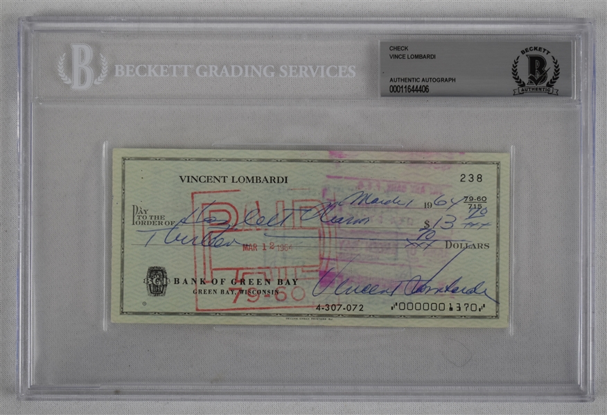 Vince Lombardi Signed 1964 Personal Check #238 BGS Authentic 