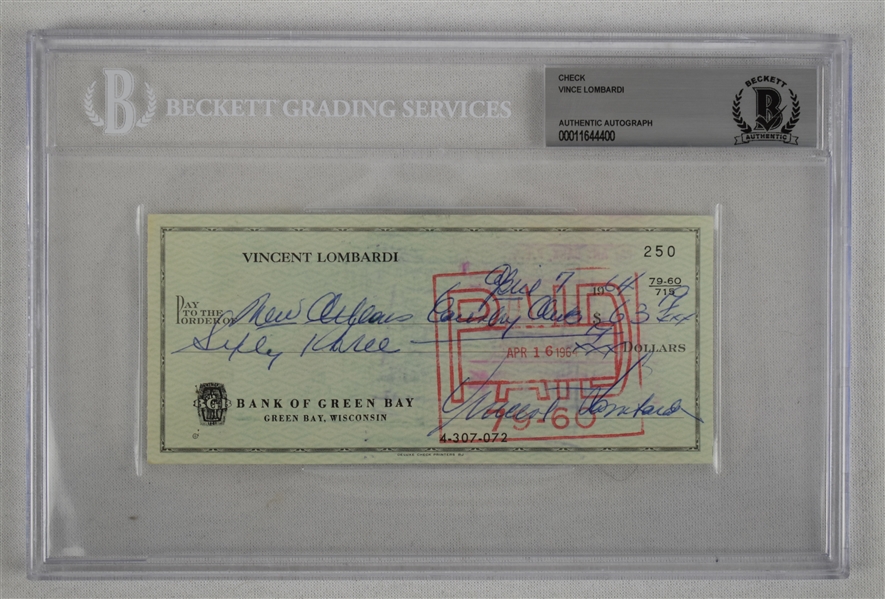 Vince Lombardi Signed 1964 Personal Check #250 BGS Authentic 