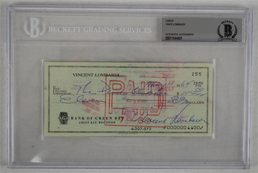 Vince Lombardi Signed 1964 Personal Check #255 BGS Authentic 