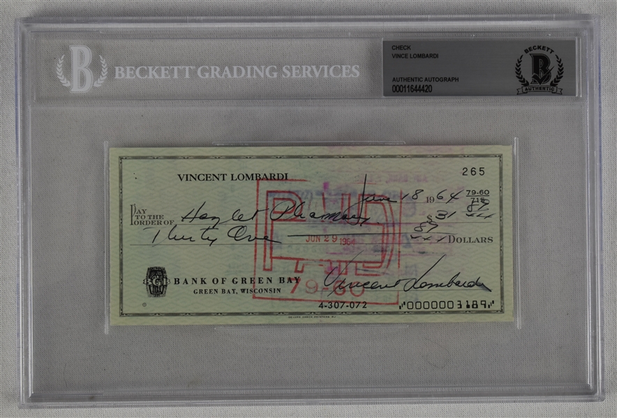 Vince Lombardi Signed 1964 Personal Check #265 BGS Authentic 