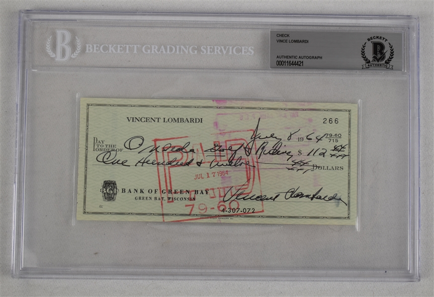 Vince Lombardi Signed 1964 Personal Check #266 BGS Authentic 