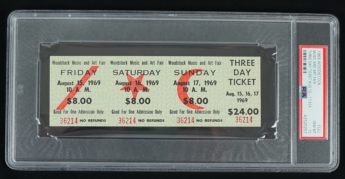 Original 1969 Woodstock Full Ticket Three Day Ticket Music And Art Fair PSA 10 Gem Mint