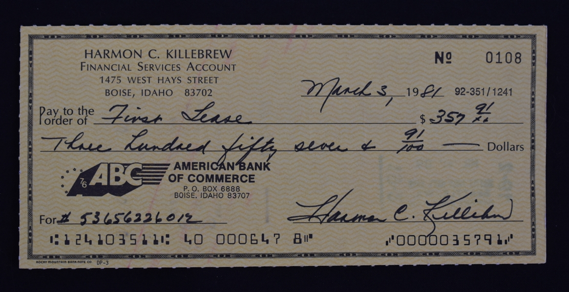 Harmon Killebrew Signed Check Dated March 3rd 1981