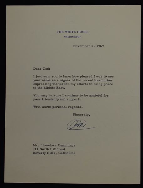 Richard Nixon Signed 1969 Letter With Reference To The Middle East Initiative JSA LOA