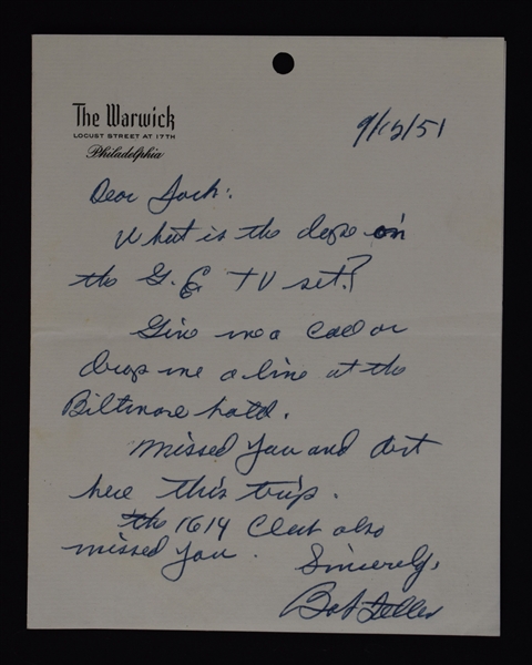 Bob Feller 1951 Handwritten Signed Letter