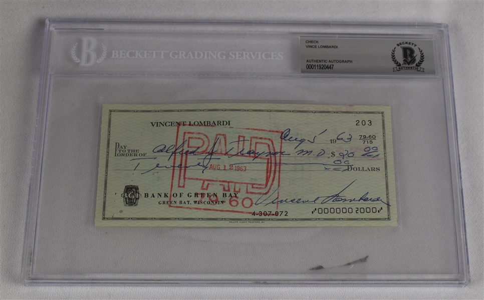 Vince Lombardi Signed 1963 Personal Check #203 BGS Authentic  