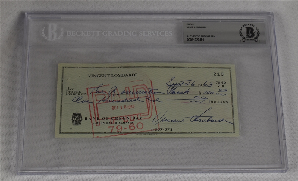 Vince Lombardi Signed 1963 Personal Check #210 BGS Authentic  