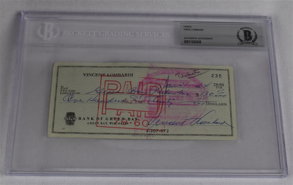Vince Lombardi Signed 1964 Personal Check #235 BGS Authentic *Made to Green Bay Packers For Tickets*
