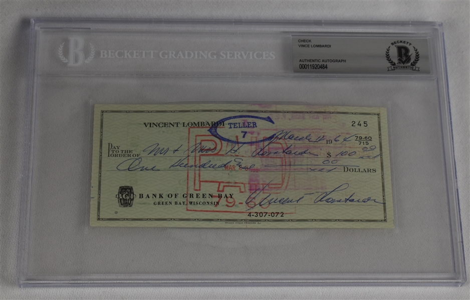 Vince Lombardi Signed 1964 Personal Check #245 BGS Authentic *Twice Signed Lombardi*