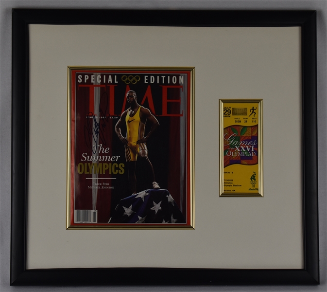 Michael Johnson Autographed TIME Magazine w/Ticket Framed Display