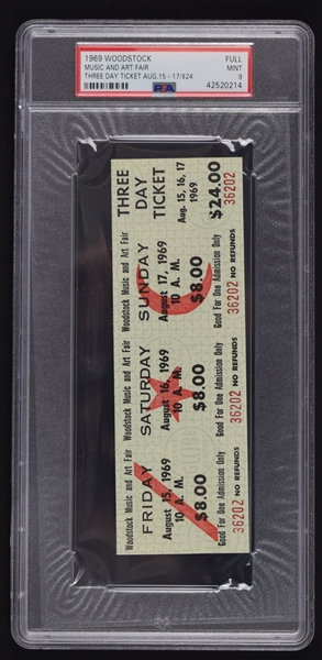 Original 1969 Woodstock Full Ticket Three Day Ticket Music And Art Fair PSA 9 Mint