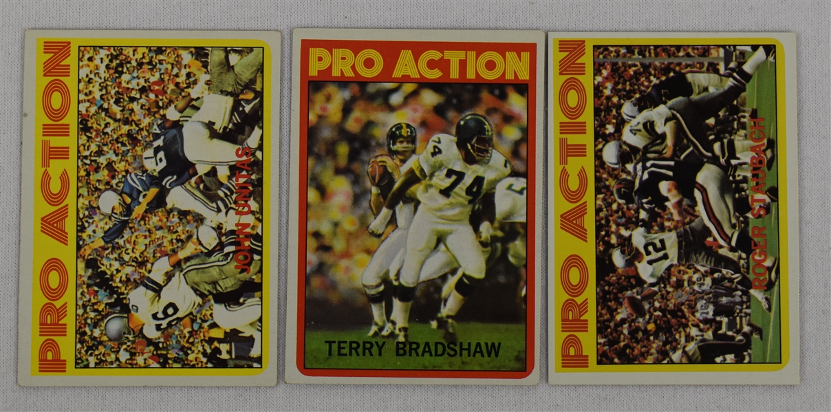 Terry Bradshaw Roger Staubach & Johnny Unitas Pro Action Football Cards