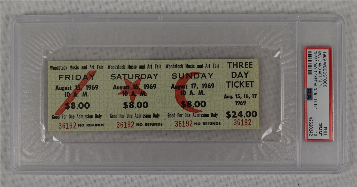 Original 1969 Woodstock Full Ticket Three Day Ticket Music And Art Fair PSA 10 Gem Mint	